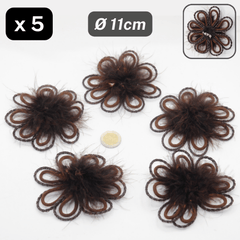 Set of 5 Floral Corsages / Brooches Ø11cm Brown with Ostrich Feathers #F1-07 - ACCESSOIRES LEDUC BV