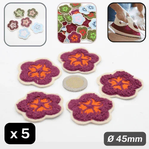 Set of 5 Fabric Bicolor Flower Iron-on Applications Ø45mm #F1-12 - ACCESSOIRES LEDUC BV
