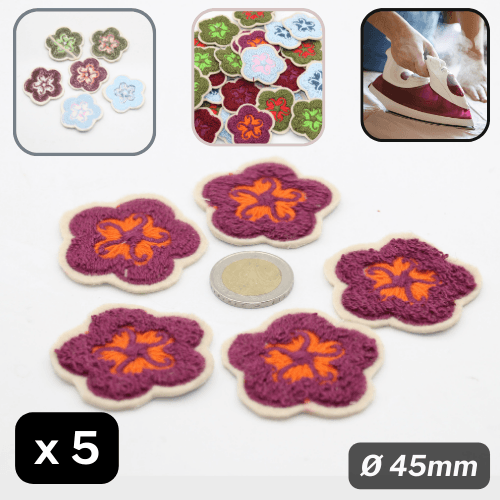 Set of 5 Fabric Bicolor Flower Iron-on Applications Ø45mm #F1-12 - ACCESSOIRES LEDUC BV