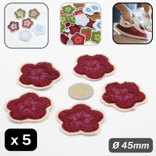 Set of 5 Fabric Bicolor Flower Iron-on Applications Ø45mm #F1-12 - ACCESSOIRES LEDUC BV