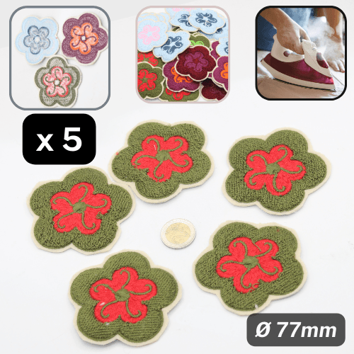 Set of 5 Fabric Bicolor Flower Iron-on Applications Ø77mm #F1-13 - ACCESSOIRES LEDUC BV