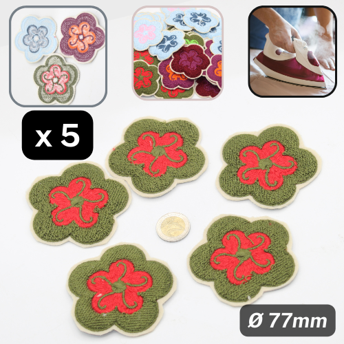 Set mit 5 Stoff-Applikationen zum Aufbügeln mit zweifarbigen Blumen, Ø77 mm #F1-13