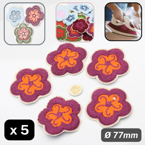 Set di 5 applicazioni termoadesive a fiori bicolori in tessuto Ø77mm #F1-13