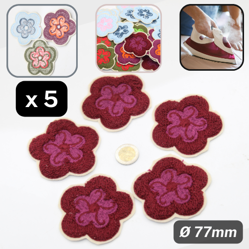 Set di 5 applicazioni termoadesive a fiori bicolori in tessuto Ø77mm #F1-13