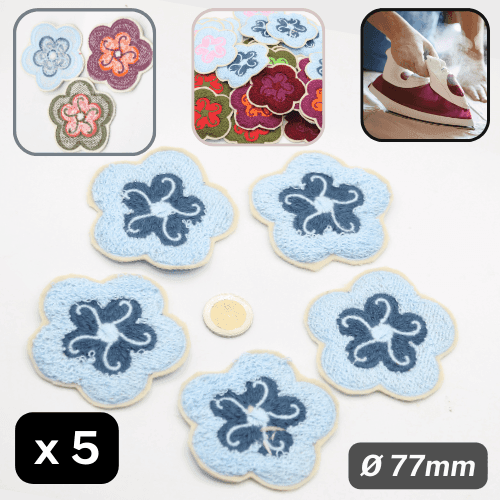 Set of 5 Fabric Bicolor Flower Iron-on Applications Ø77mm #F1-13 - ACCESSOIRES LEDUC BV
