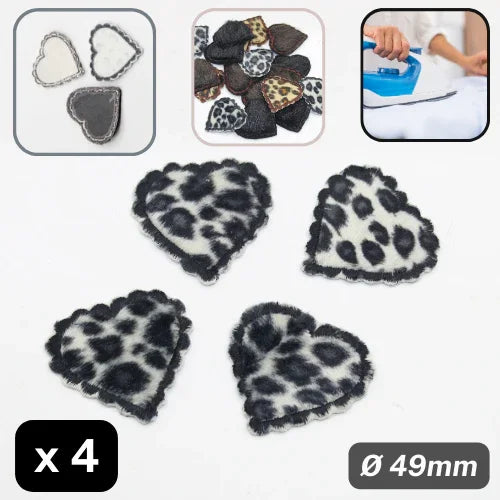 Set of 4 Heart Shape Patches in Fake Fur, Iron on , 49mm Diameter - ACCESSOIRES LEDUC BV
