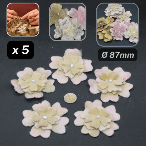 Set of 5 Fake Suede Fabric Flowers with Strass - Sew-on - Applications Ø87mm #F2-01 - ACCESSOIRES LEDUC BV