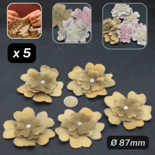Set of 5 Fake Suede Fabric Flowers with Strass - Sew-on - Applications Ø87mm #F2-01 - ACCESSOIRES LEDUC BV