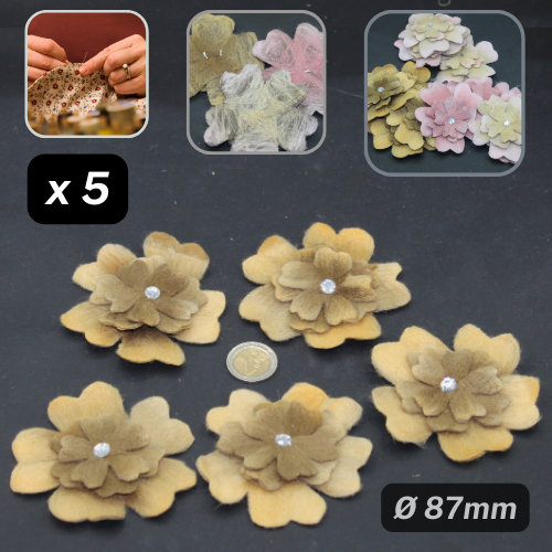 Set van 5 nep suède bloemen met strass - Opnaaibaar - Applicaties Ø87mm #F2-01