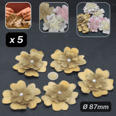 Set of 5 Fake Suede Fabric Flowers with Strass - Sew-on - Applications Ø87mm #F2-01 - ACCESSOIRES LEDUC BV