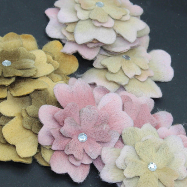 Set of 5 Fake Suede Fabric Flowers with Strass - Sew-on - Applications Ø87mm #F2-01 - ACCESSOIRES LEDUC BV