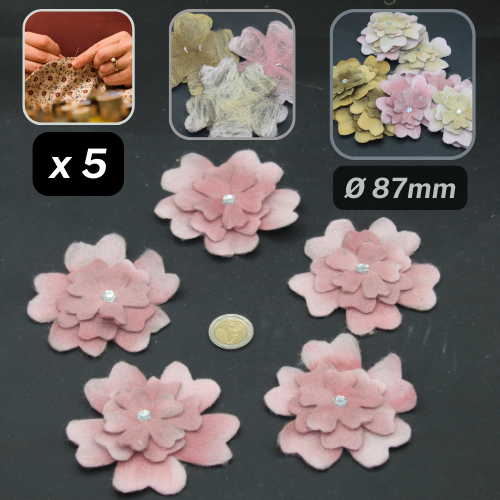 Set of 5 Fake Suede Fabric Flowers with Strass - Sew-on - Applications Ø87mm #F2-01