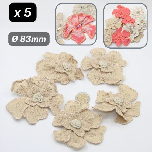 Set of 5 Fabric Colorful Flowers with safety pins Applications Ø83mm #F6-08 - ACCESSOIRES LEDUC BV