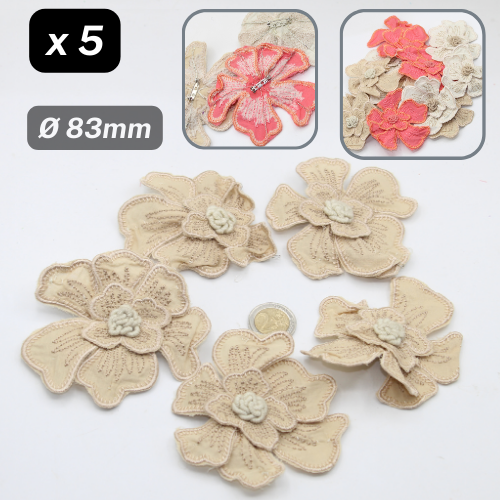 Set of 5 Fabric Colorful Flowers with safety pins Applications Ø83mm #F6-08