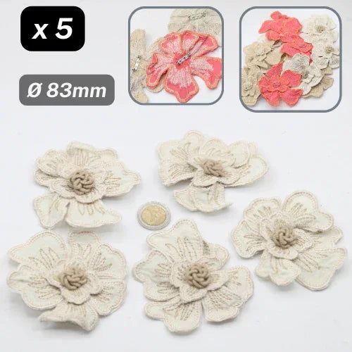 Set of 5 Fabric Colorful Flowers with safety pins Applications Ø83mm #F6-08 - ACCESSOIRES LEDUC BV