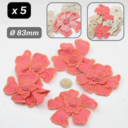 Set of 5 Fabric Colorful Flowers with safety pins Applications Ø83mm #F6-08 - ACCESSOIRES LEDUC BV