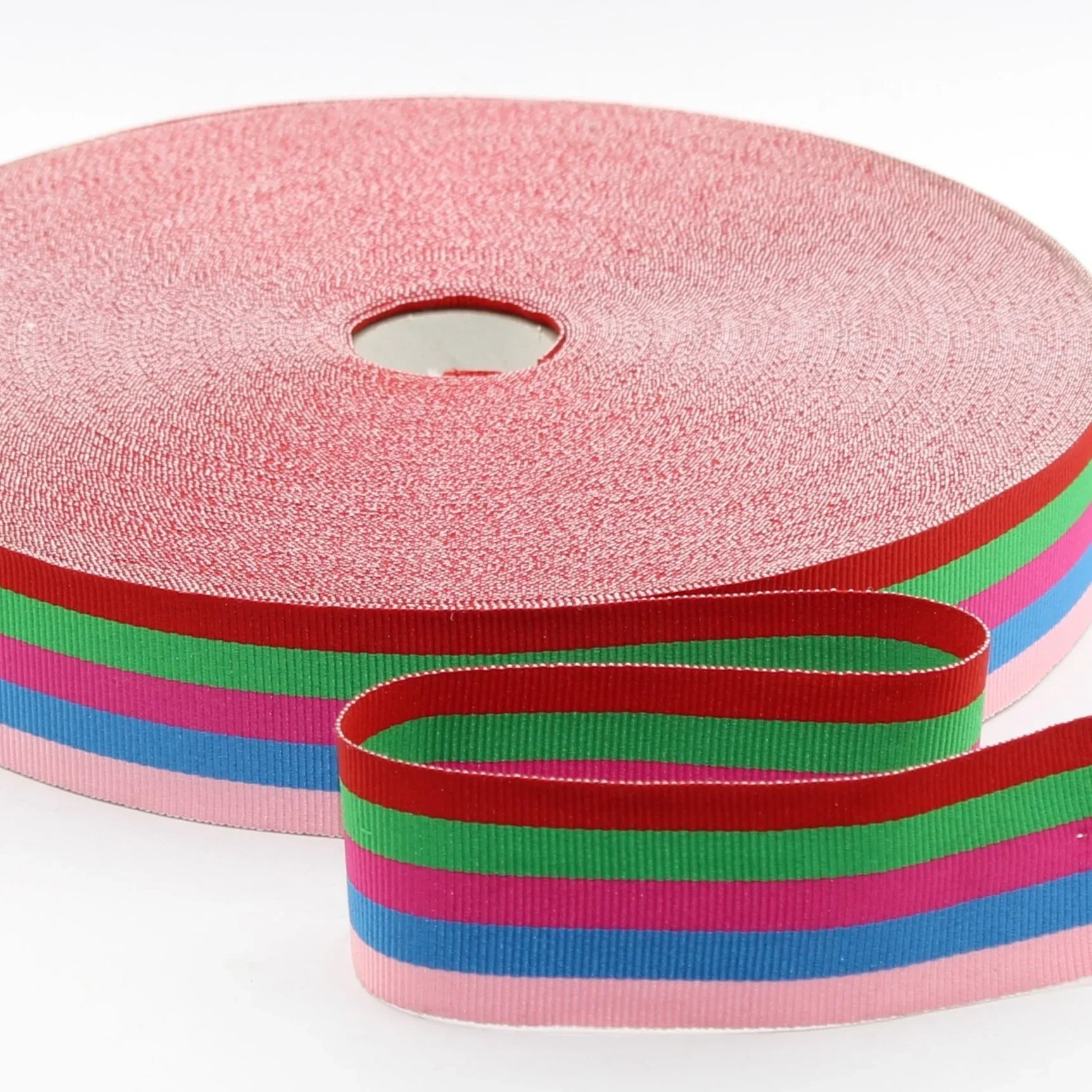 10 METERS - 35mm Multicolor Striped Gros Grain Ribbon (Red Green Pink Blue Pale Pink Stripes) - ACCESSOIRES LEDUC BV