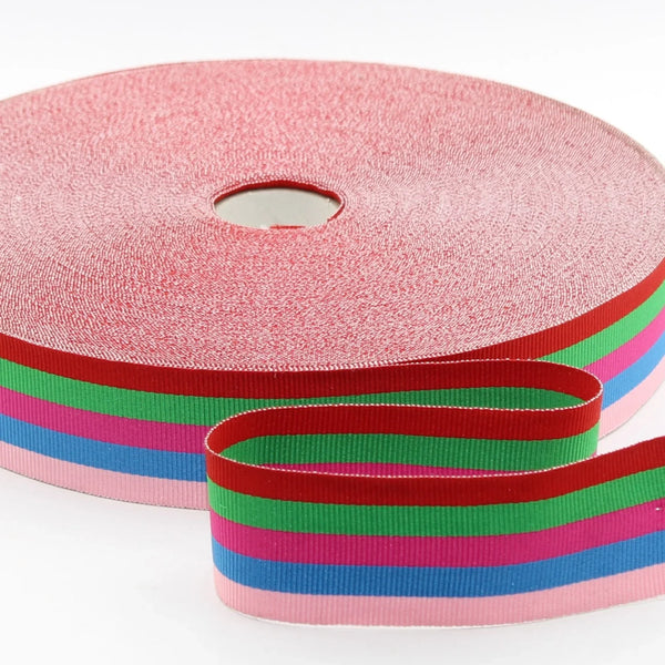 10 METERS - 35mm Multicolor Striped Gros Grain Ribbon (Red Green Pink Blue Pale Pink Stripes) - ACCESSOIRES LEDUC BV