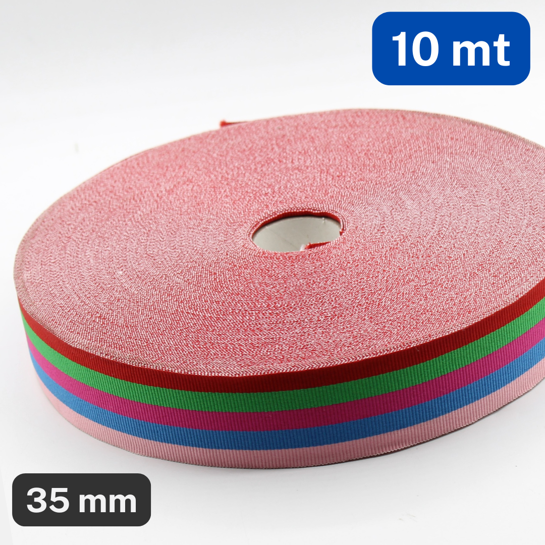10 METERS - 35mm Multicolor Striped Gros Grain Ribbon (Red Green Pink Blue Pale Pink Stripes)