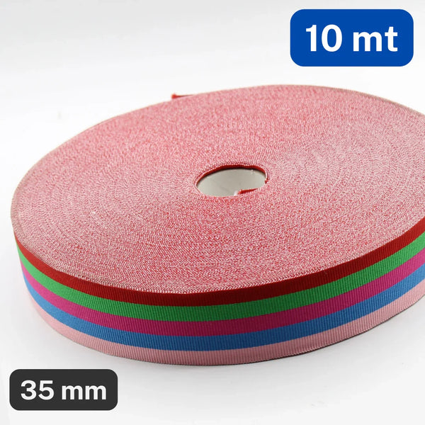 10 METERS - 35mm Multicolor Striped Gros Grain Ribbon (Red Green Pink Blue Pale Pink Stripes) - ACCESSOIRES LEDUC BV