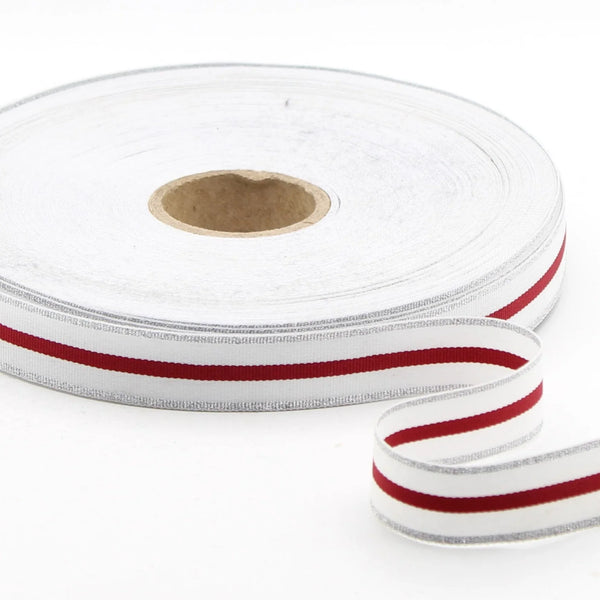 10 METERS - 20mm Striped Gros Grain with Silver Lurex, White and Red Stripes - ACCESSOIRES LEDUC BV