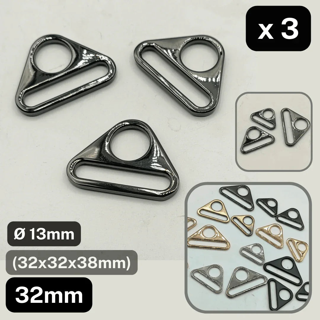 Set of 3 Triangle Buckles with Hole #BMEx060 available in 32mm, 38mm or 50mm in Silver, Pink Gold, Gold, Oldbrass, Gunmetal or Black - ACCESSOIRES LEDUC BV