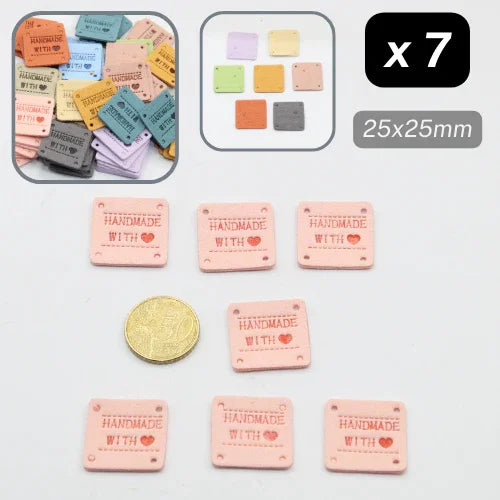 7 étiquettes carrées rose pâle 25x25mm 'Handmade with love' pour couture, mercerie ACCESSOIRES LEDUC