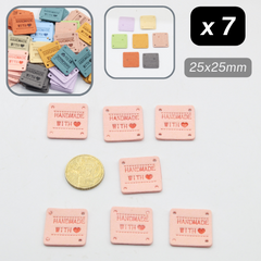 Set of 7 Fake Suede Labels - Square Shape - tagged "Handmade with ♥" - size25x25mm (Sew-on)