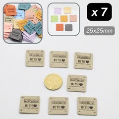 Set of 7 Fake Suede Labels - Square Shape - tagged "Handmade with ♥" - size25x25mm (Sew-on)