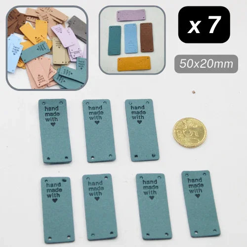 Étiquettes rectangulaires en simili cuir bleu « hand made with love », lot de 7, ACCESSOIRES LEDUC.
