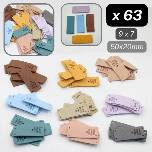 Lot de 63 étiquettes rectangles en simili cuir multicolores ACCESSOIRES LEDUC pour couture, 50x20mm