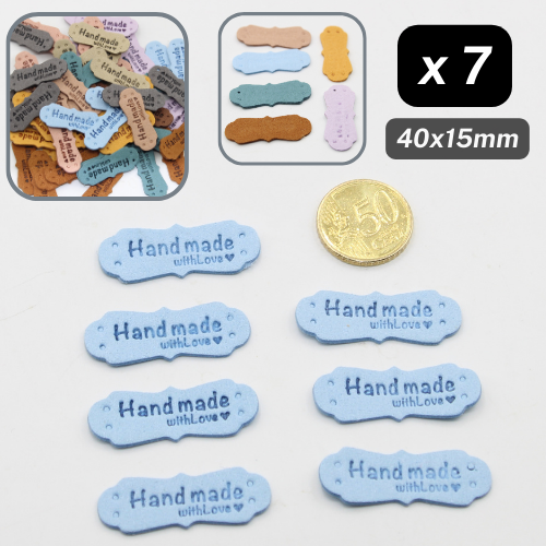 Set di 7 etichette in finta pelle scamosciata - Forma di arachidi - etichettate "Fatto a mano con ♥" - dimensioni 40x15 mm (da cucire)
