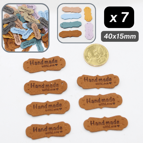 Set of 7 Fake Suede Labels - Peanut Shape - tagged "Handmade with ♥" - size40x15mm (Sew-on) - ACCESSOIRES LEDUC BV