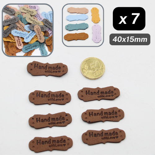 Set di 7 etichette in finta pelle scamosciata - Forma di arachidi - etichettate "Fatto a mano con ♥" - dimensioni 40x15 mm (da cucire)