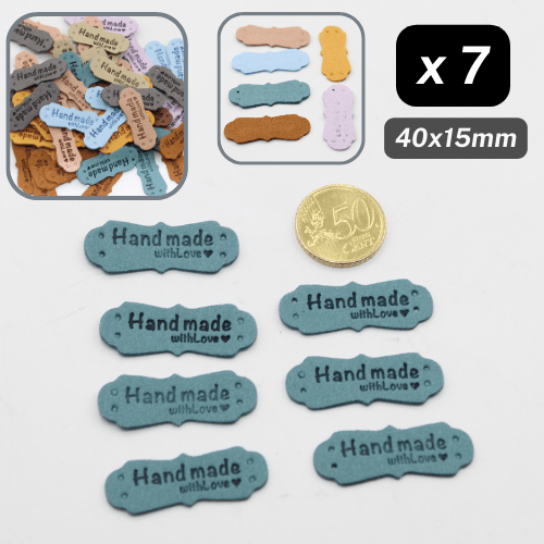 Set of 7 Fake Suede Labels - Peanut Shape - tagged "Handmade with ♥" - size40x15mm (Sew-on) - ACCESSOIRES LEDUC BV