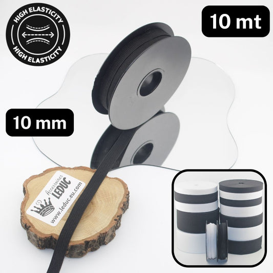 10 meters High Elasticity - High Tension Elastic Black or White available in sizes 10/15/20/25/30/40 or 60mm - ACCESSOIRES LEDUC BV