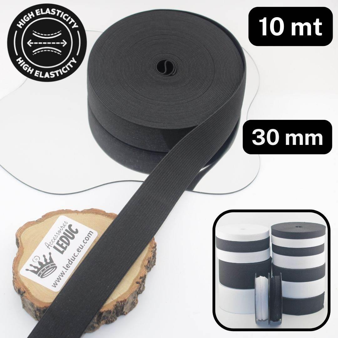 10 meters High Elasticity - High Tension Elastic Black or White available in sizes 10/15/20/25/30/40 or 60mm - ACCESSOIRES LEDUC BV