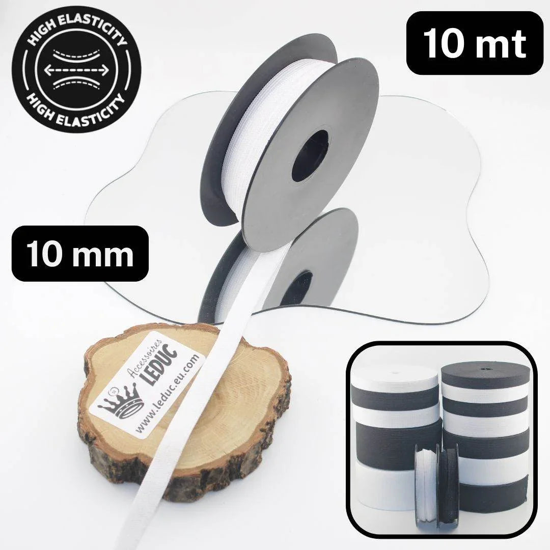 10 meters High Elasticity - High Tension Elastic Black or White available in sizes 10/15/20/25/30/40 or 60mm - ACCESSOIRES LEDUC BV