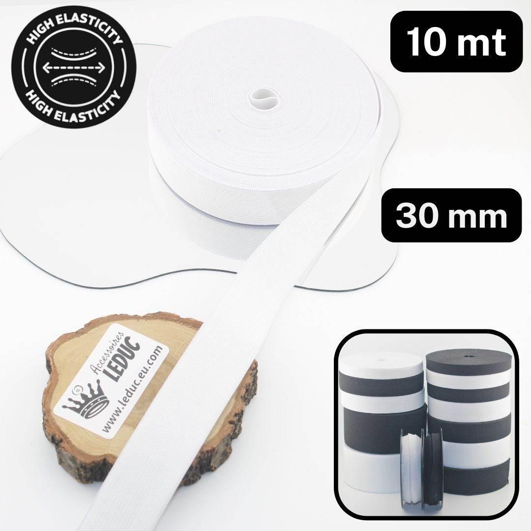 10 meters High Elasticity - High Tension Elastic Black or White available in sizes 10/15/20/25/30/40 or 60mm - ACCESSOIRES LEDUC BV