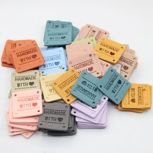 Set of 7 Fake Suede Labels - Square Shape - tagged "Handmade with ♥" - size25x25mm (Sew-on)