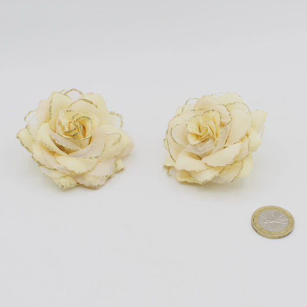 2 Mini-Blumenbroschen aus Tüll und Satin mit Sicherheitsnadel, 6 cm, Farbe Blau oder Beige mit Glitzer-ACCESSOIRSE LEDUC