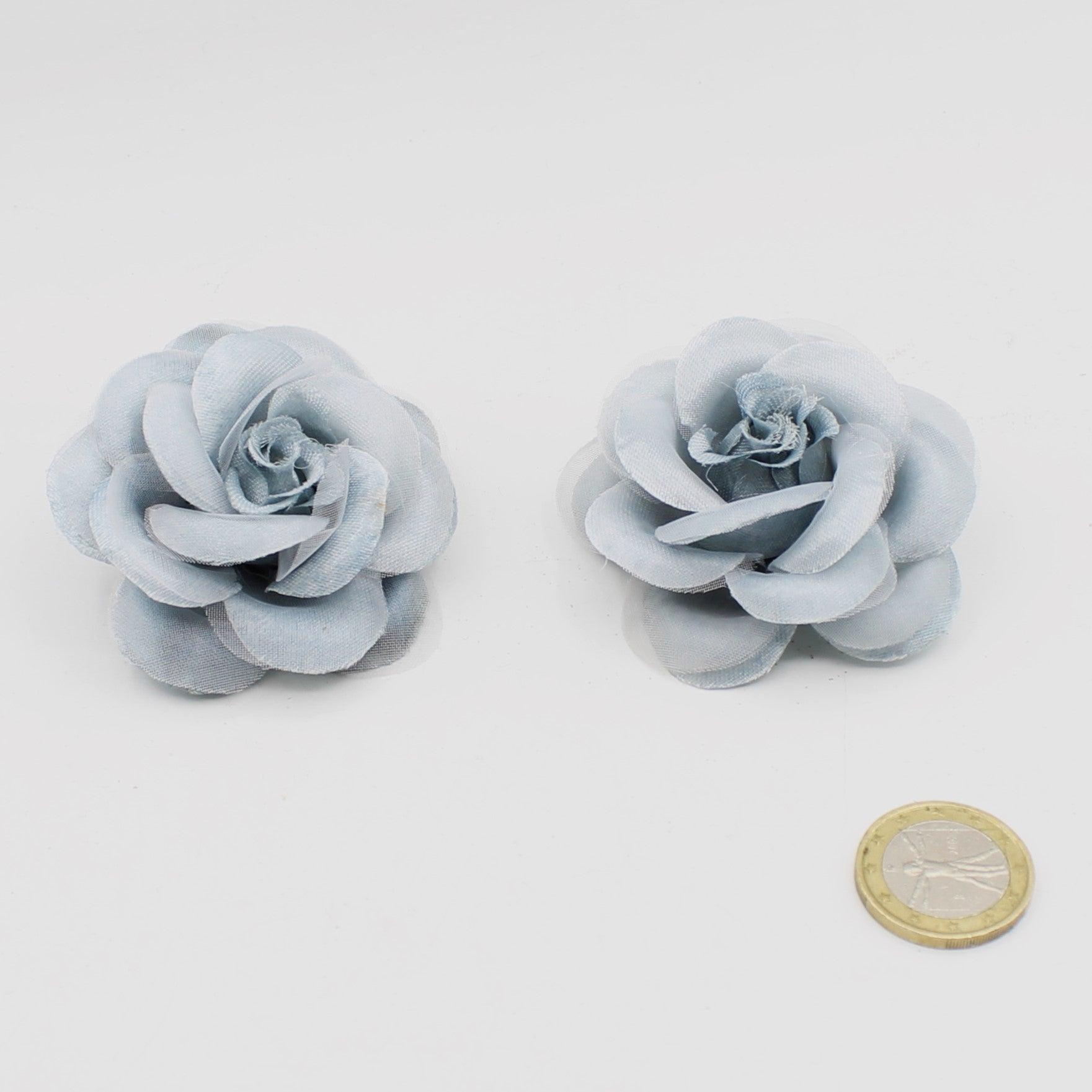 2 Mini Floral Brooches in Tulle and Satin with Safety Pin, 6cm, Blue or Beige Color with Glitter-ACCESSOIRSE LEDUC