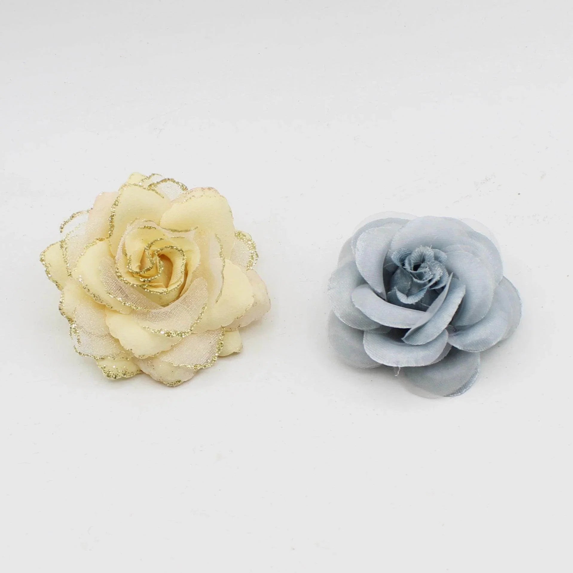 2 Floral Corsages in Tulle and Satin with Safety Pin, 6cm, Blue or Beige Color with Glitter - ACCESSOIRES LEDUC BV