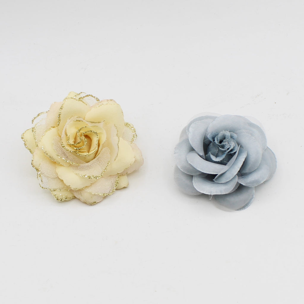 2 Mini Broches Florales de Tul y Satén con Imperdible de 6 cm, Color Azul o Beige con Purpurina-ACCESSOIRSE LEDUC