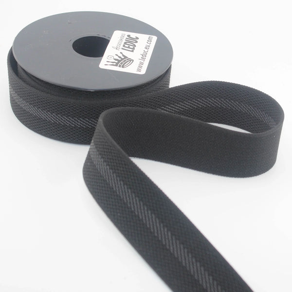 5 meters 35mm Strong Elastic Webbing (Black with Grey Stripe) - Elasticity +/- 5% - ACCESSOIRES LEDUC BV