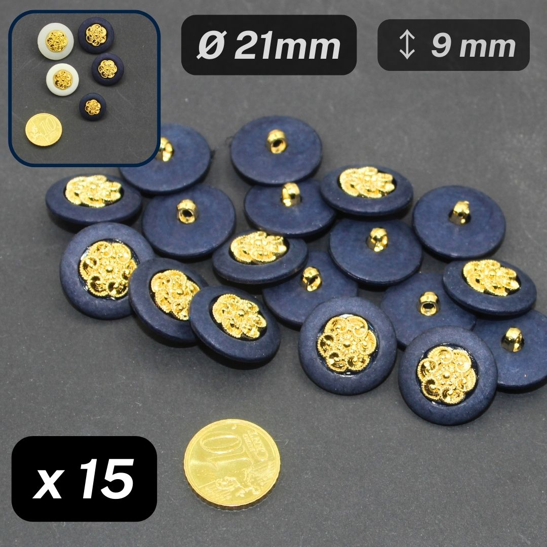 15 Pieces Combined Nylon Buttons Matte Navy Rim Insert Gold Size 21mm #KCQ501834