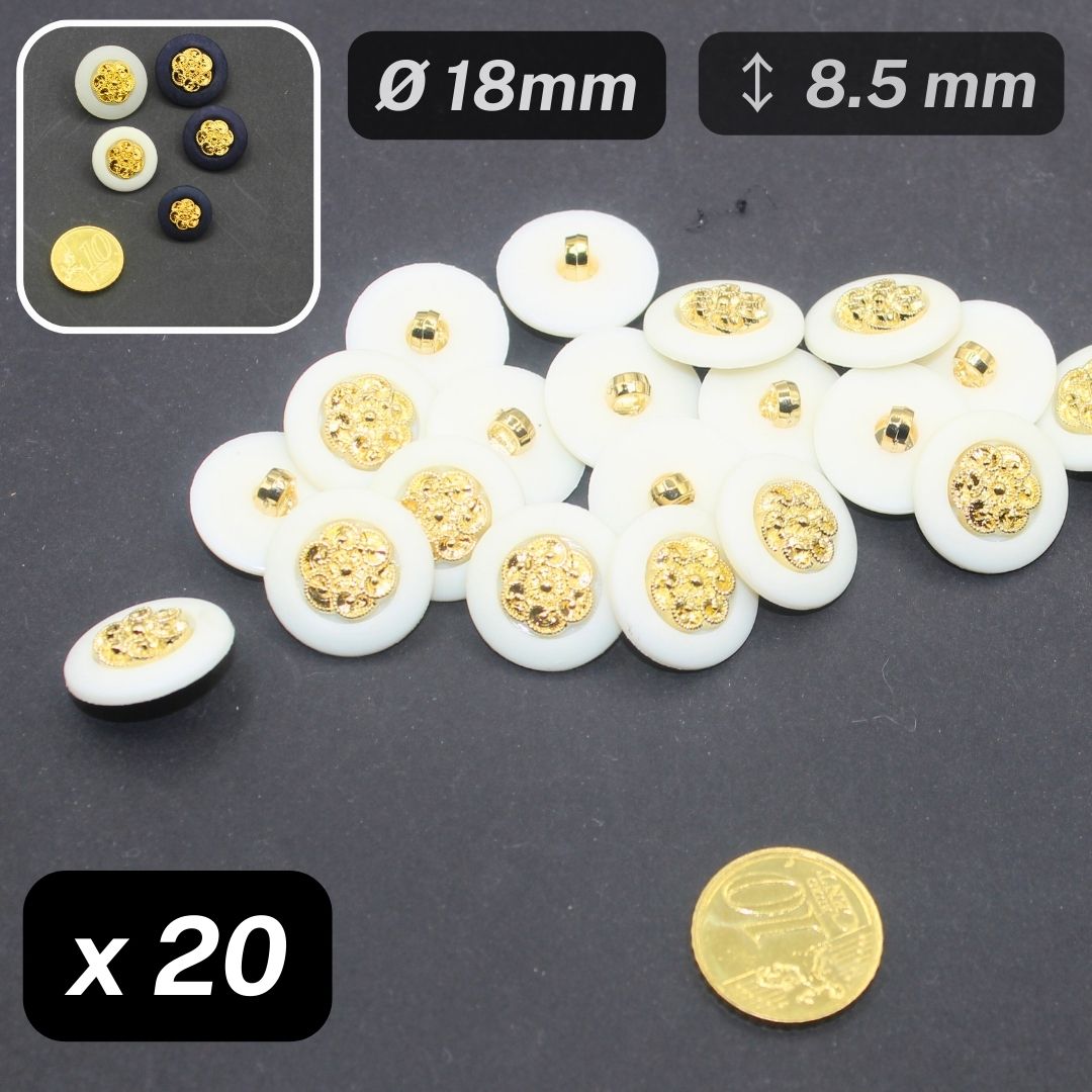 20 Pieces Combined Nylon Buttons Matte White Rim Insert Gold Size 18mm #KCQ501828