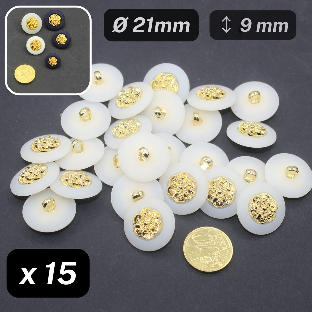 15 Pieces Combined Nylon Buttons Matte White Rim Insert Gold Size 21mm #KCQ501834