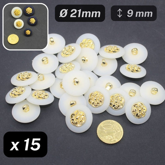 15 Pieces Combined Nylon Buttons Matte White Rim Insert Gold Size 21mm #KCQ501834 - ACCESSOIRES LEDUC BV