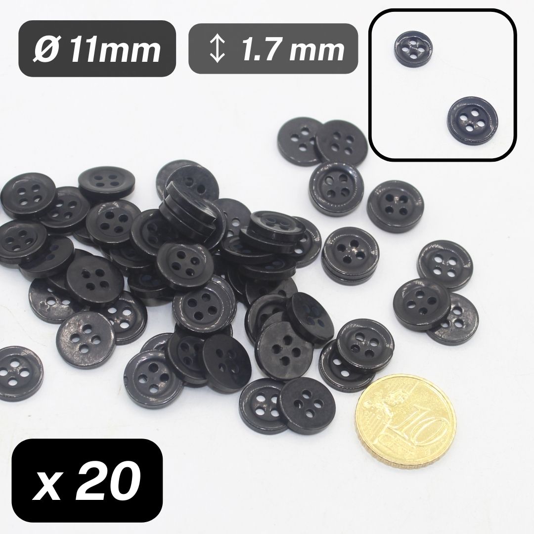 20 Pieces shiny Black Polyester Shirt Buttons 4 Holes Size 11mm #KP4503218